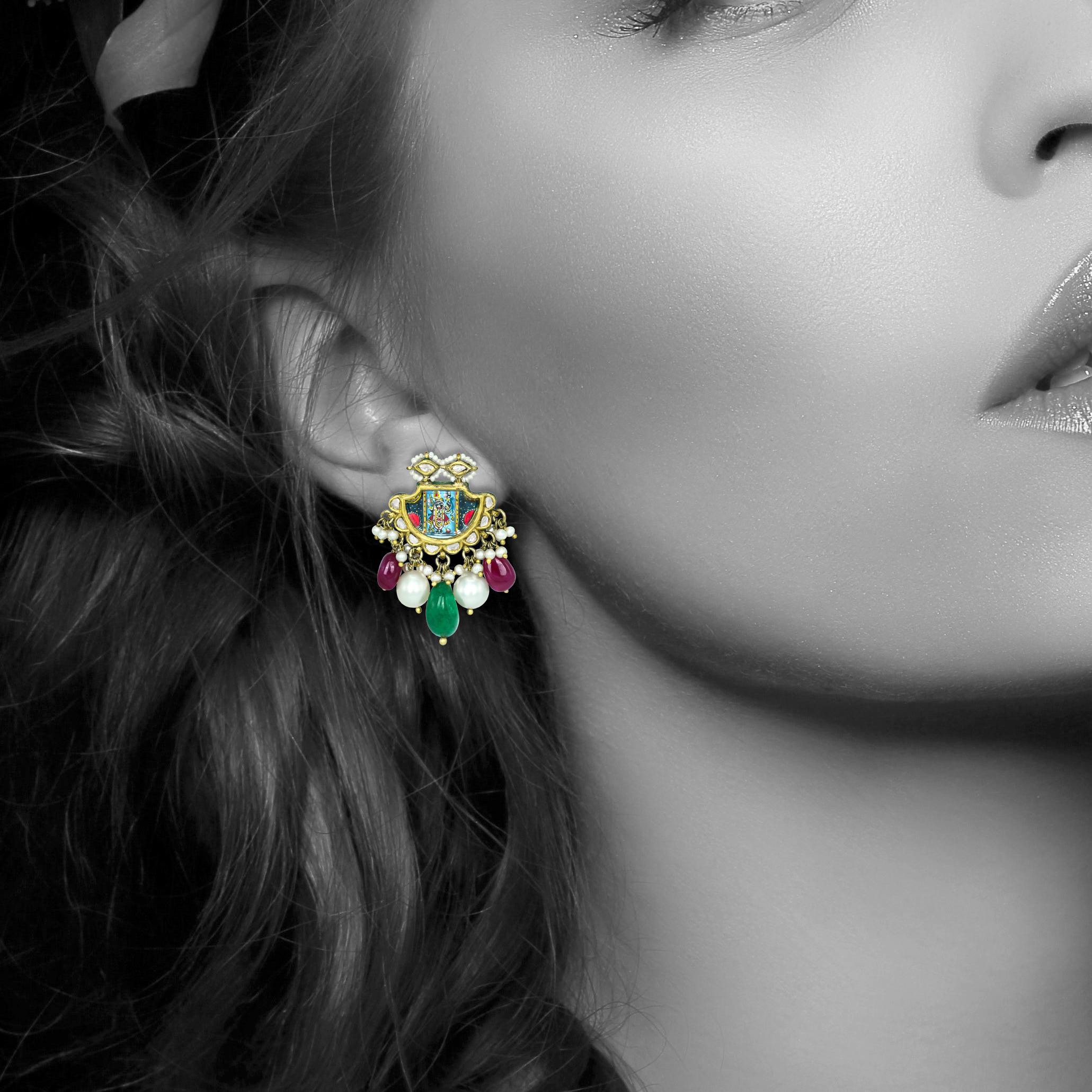 Shreenathji Pichwai Studs with Polkis, Rubies, and Pearls